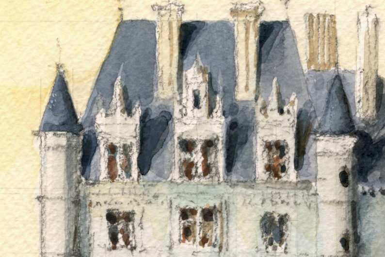 May include: Watercolor painting of a white building with a gray roof and multiple towers. The building has many windows and a detailed facade.