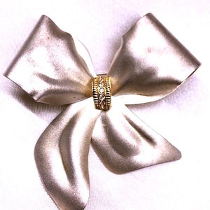 Vintage Champagne Satin Finished Metallic BOW Brooch/Pin with Rhinestone Accents