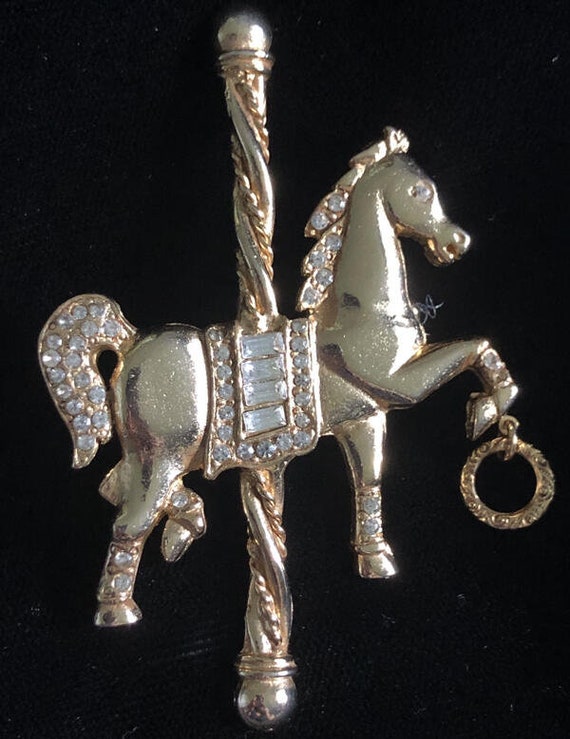 Vintage Kirks Folly Rhinestone Carousel Horse Gold