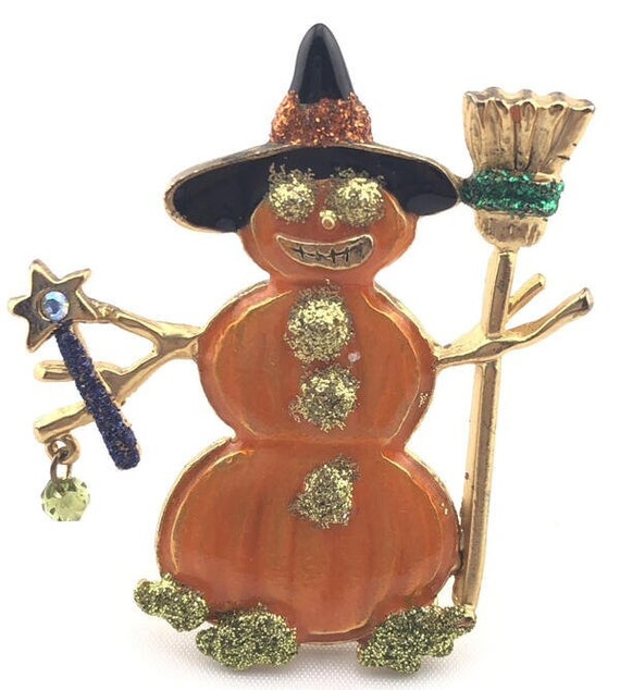 Vintage Glitter Enamel Stacked Pumpkin Witch Hallo