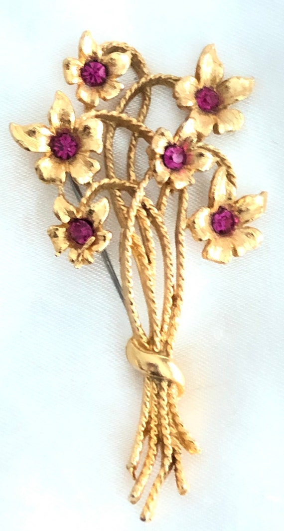 Vintage Magenta Rhinestone Flower Bouquet Pin/Bro… - image 5