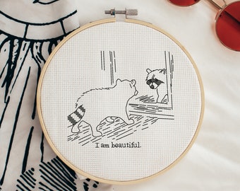 I am beautiful. Meme Cross Stitch Pattern. A racoon with good self esteem. Digital Download Only