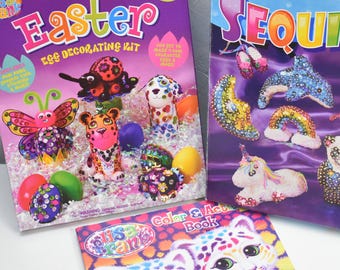 Lisa Frank lot Easter Egg, Color Book, Sequin Art kit INCOMPLETE