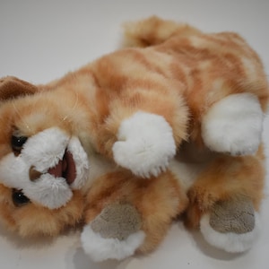 May include: A plush orange tabby cat toy with white paws and chest. The stuffed animal has a soft, furry texture and is lying on its side. The cat's face has black eyes and a pink mouth.