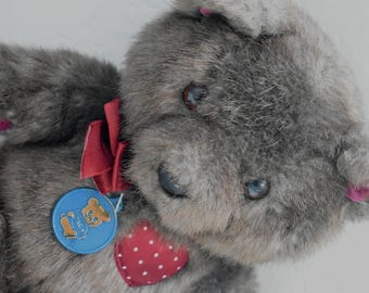 Vintage Dakin 12" brown teddy bear with maroon heart/paws/ribbon