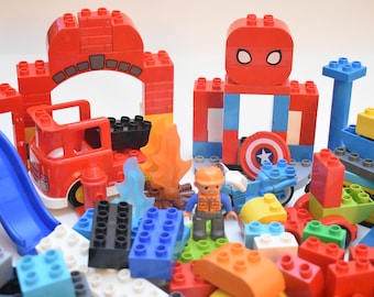 107 pieces Duplo assorted basic bricks spiderman, fire engine, construction