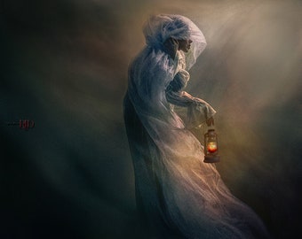 Dark Academia Fantasy Art Print, Woman with Lantern, Atmospheric Storytelling Wall Decor