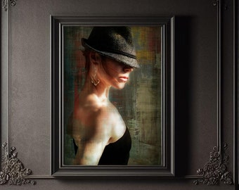 Chic Urban Woman Fedora Portrait Photography Print, Loft Apartment Decor