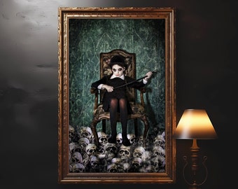 Creepy Child on a Hill of Skulls Art, Halloween Goth Wall Decor (Giclee or Canvas)