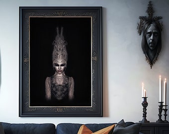 Halloween Gothic fantasy wall art, surreal dark fantasy wall decor, dark alien fairy tale,  monochromatic, dark art fantasy portrait print