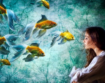 Surreal Aquatic Art Print: Goldfish, Angelfish, Girl Dreaming (Canvas or Metallic)