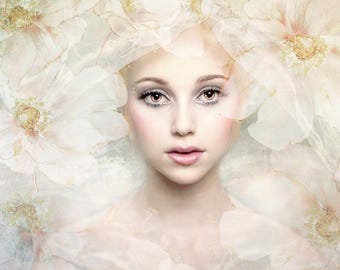 Ethereal Portrait, Feminine Floral Wall Art, Cottagecore Light Academia Style Print