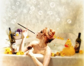 Whimsical Luxury Bath Art Print, Woman with Wine Bathtub, Rubber Ducks, Bubble Bath Decor
