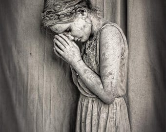 Emotive Child Portrait Print, Soot Grime Praying Girl, War Torn Art (Canvas or Giclee)