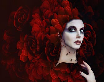 Madame Red Fine Art Portrait: Woman, Red Flowers, High Fashion Fantasy Print