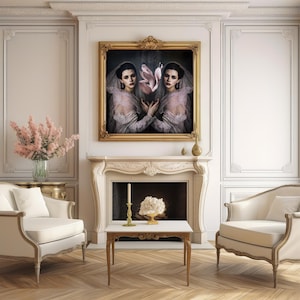 May include: An ornate living room featuring a large framed portrait above a fireplace. The portrait depicts two women in vintage attire holding a flower. The room includes two cream-colored armchairs, a small table, and a vase of pink flowers.