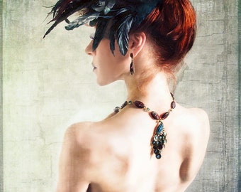 Madame Peacock Fashion Portrait, Giclee or Canvas Print, Feather Headpiece Wall Decor
