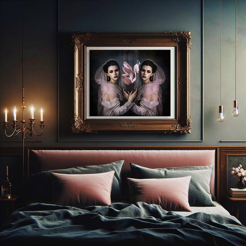 May include: A framed artwork featuring two women in vintage attire holding a pink flower. The artwork is in a gold ornate frame, hanging above a bed with pink pillows and a teal comforter. The room has a dark, elegant aesthetic.