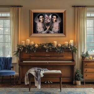 May include: A framed artwork featuring two women holding a flower, displayed above a piano. The piano is adorned with candles and greenery. A blue chair and a bench with a blanket are in the foreground. The room has a warm, inviting ambiance.