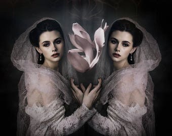 Victorian Gothic Surreal Art Print: Twin Women, Pink Flower Portrait