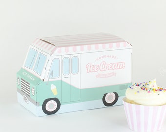 Ice Cream Party Box - Set of 4, Ice Cream Truck Cupcake Box, Pastel Packaging, Ice Cream Social Birthday Party, Centerpiece, Wholesale