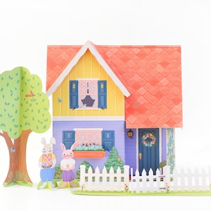 Spring Paper Dollhouse, Spring Paper Craft, Bunnies Rabbit Paper Doll, DIY Paper Kit, Bright Cheerful Flowers, Kids Craft, Paper Miniature image 1