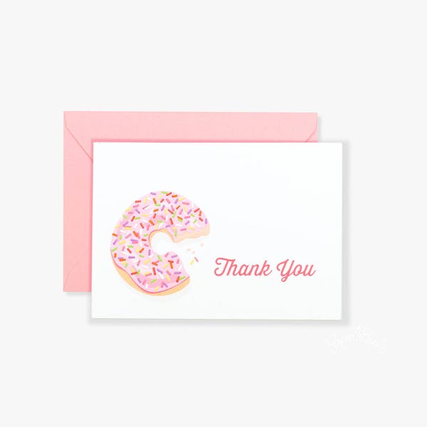 Donut Thank You Cards - Set of 10, Donut Party Thank You, Pink Sprinkles Baby Shower Thanks Doughnut Note Card, Birthday Party Donut Grow Up