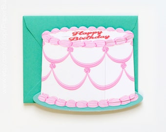 Carte d'anniversaire spéciale gâteau d'anniversaire, carte de voeux découpée, glaçage de gâteau, carte de joyeux anniversaire, carte part de gâteau rose