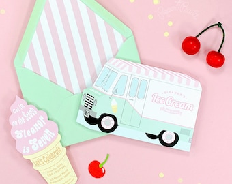 Invitación de cumpleaños troquelada con forma de camión de helados, fiesta de verano
