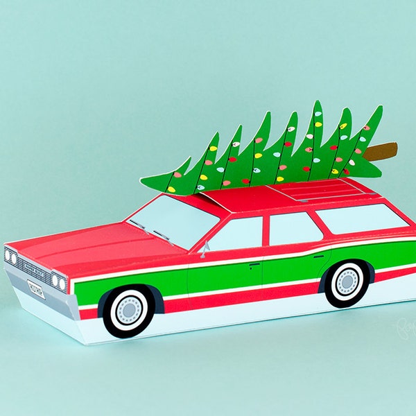 boîte-cadeau vintage Station Wagon, voiture rétro de Noël avec arbre, boîte de faveur de vacances, décor de vacances, idée cadeau d'hôtesse, jouet en papier, artisanat en papier