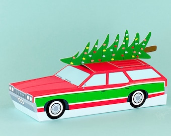 Vintage Station Wagon Gift Box, Christmas Retro Car with Tree, Holiday Favor Box, Holiday Decor, Hostess Gift Idea, Paper Toy, Paper Craft