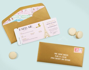 Paris Airline Ticket Invitation, Boarding Pass, French Birthday Party, Pink, Bridal Shower, Rendez vous de Paris, Baby Shower, Bat Mitzvah