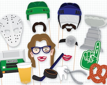 May include: A set of 10 hockey-themed photo booth props. The props include a hockey mask, a hockey helmet, a hockey stick, a hockey puck, a tooth, a pair of pliers, a pretzel, a foam finger, a Stanley Cup, a beer mug, a pair of lips, a mustache, a pair of glasses, a woman's face, and a Zamboni.