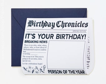 Birthday Newspaper Card, Unique Personalized Birthday Card to Color, Birthday Keepsake, No fake news!