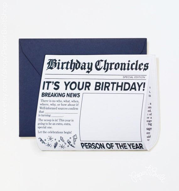 Birthday Newspaper Card, Unique Personalized Birthday Card to Color, Birthday Keepsake, No fake news! Il_570xn