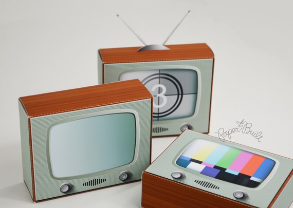 INSTANT DOWNLOAD - Printable Vintage/ Retro Television Gift/ Favor Box from Paper Built SMALL Il_570xn