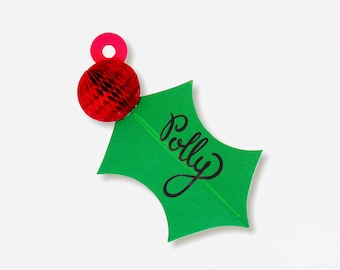 Christmas Holly Gift Tag, Set of 8, Honeycomb Favor Tag, Holiday Present Tag, 3D Favor Tag, Die-cut Gift Tag