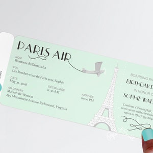 Invito alla carta d'imbarco per una festa a tema di Parigi, invito per un biglietto aereo reale, francese, addio al nubilato argento menta, Rendez vous de Paris, Baby Shower