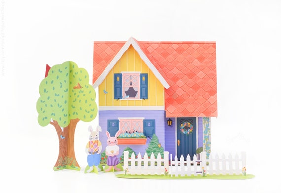 Spring Paper Dollhouse, Spring Paper Craft, Bunnies Rabbit Paper Doll, DIY Paper Kit, Bright Cheerful Flowers, Kids Craft, Paper Miniature Il_570xn
