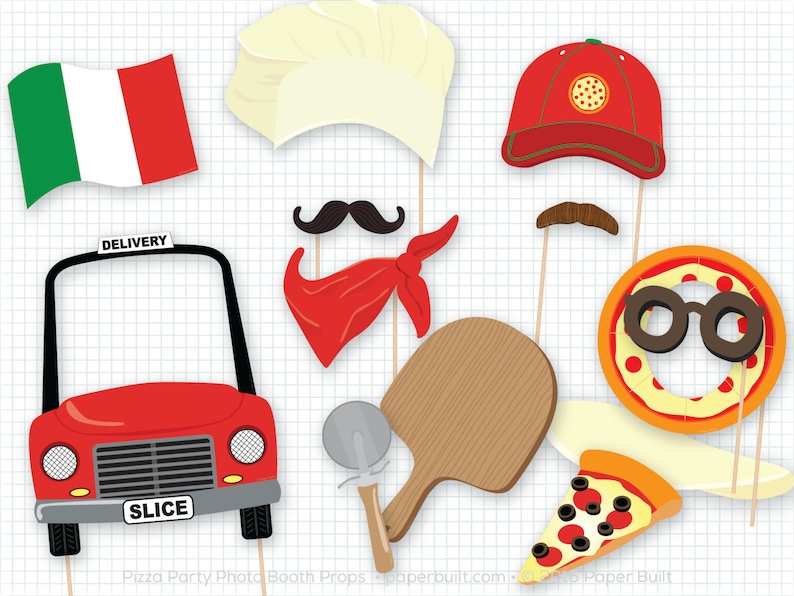 May include: A set of 10 pizza-themed photo booth props. The props include a chef's hat, a pizza delivery car, a pizza slice, a pizza cutter, a pizza paddle, a pizza with glasses, a red bandana, a mustache, and an Italian flag.