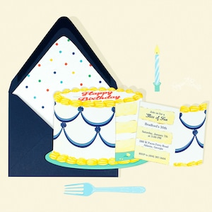 Verjaardagstaart uitnodiging, verjaardagsfeest uitnodigen, snoepfeest, bday feest, kaarsen ballonnen, verjaardag jongen, geen thema, die cut, plak cake