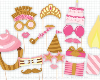 Birthday Party Photo Booth Props, Photobooth Props, Girly Birthday Party, Happy Birthday, Birthday Cake, Birthday Centerpiece, Pink and Gold