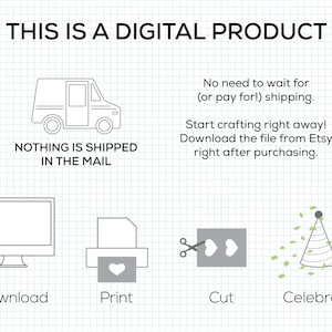 Op de afbeelding: Illustratie die de stappen laat zien om een digitaal product te downloaden, af te drukken, uit te knippen en te vieren. De illustratie bevat een computerscherm, een printer, een schaar en een feestmuts met confetti.