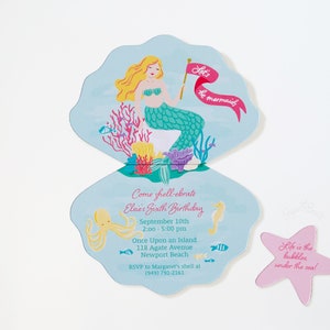 Mermaid Birthday Invitation, Mermaid Invite, Let's Be Mermaids, Mermaid Party, Under the Sea, Seashell Invitation, Starfish image 3