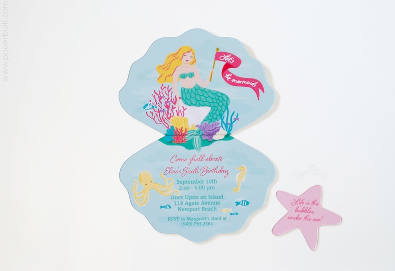 Mermaid Birthday Invitation, Mermaid Invite, Let's Be Mermaids, Mermaid Party, Under the Sea, Seashell Invitation, Starfish image 3