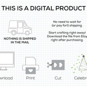 May include: A digital product illustration showing a computer screen, a printer, scissors cutting out a heart shape, and a party hat with confetti. The text "THIS IS A DIGITAL PRODUCT" is at the top of the image. The text "NOTHING IS SHIPPED IN THE MAIL" is below a delivery truck icon. The text "Download, Print, Cut, Celebrate" is below each icon.