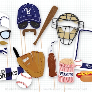May include: A set of 10 baseball-themed photo booth props. The props include a baseball cap, sunglasses, a mustache, a bow tie, a baseball glove, a bat, a catcher's mask, a baseball, a hot dog, a bag of peanuts, a bottle of soda, and a straw. The props are printed on cardstock and have sticks attached to the back.