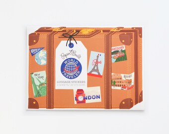Vintage Travel Stickers, Luggage Scrapbook Embellishments (32 Stickers)