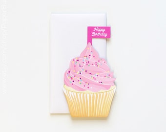 Biglietto d'auguri per cupcake rosa, biglietto d'auguri fustellato, glassa con gocce, biglietto di buon compleanno, bandiera per cupcake