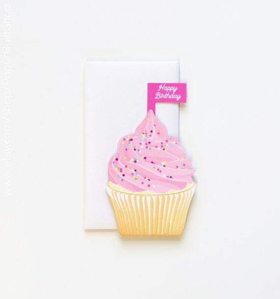 Pink Cupcake Birthday Card, Die-cut Greeting Card, Sprinkles Frosting, Happy Birthday Card, Cupcake Flag Il_570xn